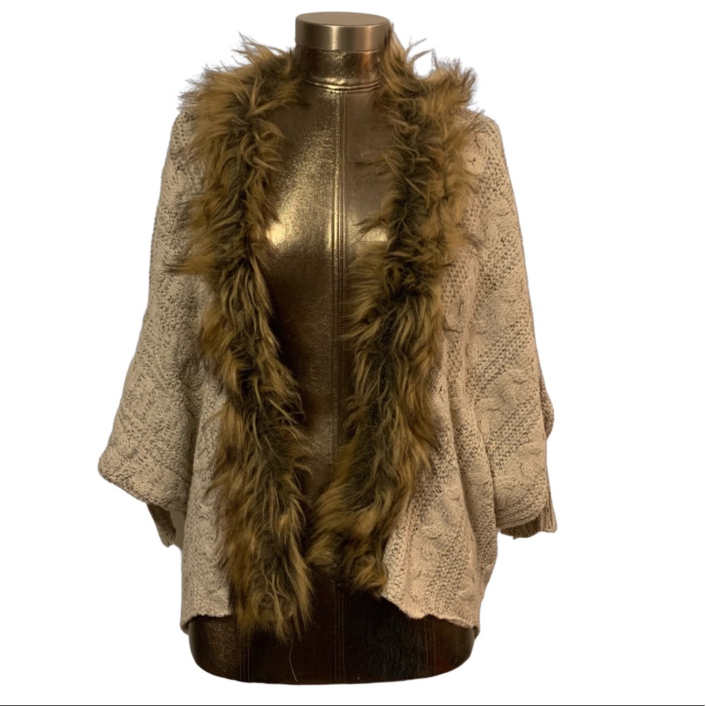 Open Knit Faux Fur Dolman Sleeve Cardigan